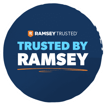 A circular blue badge with the text "RAMSEY TRUSTED" and "TRUSTED BY RAMSEY" in white and light blue, with an orange underline.